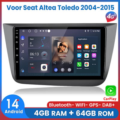 Awesafe 8-Core V1PRO 4+64GB Autoradio - Geschikt Voor Seat Altea Toledo 2004 t/m 2015 - Draadloze Carplay Android Auto - Touchscreen - GPS Navigatie 4G WiFi - Bluetooth Radio - Ondersteuning invoegen 4G SIM