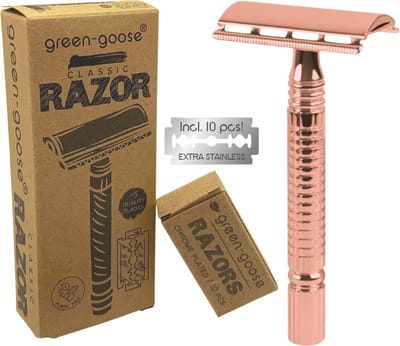 Cooby Safety Razor RVS + 10 scheermesjes_Scheermes Rose Gold unisex mannen vrouwen_Double Edge Single Blade_Zero Waste_Duurzaam Scheren_Milieuvriendelijk