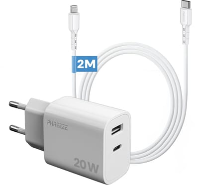Phreeze usb C oplader 20W geschikt voor iPhone 14 13 12 en iPad met Lightning kabel 2 meter - Snel opladen met 2 poorten