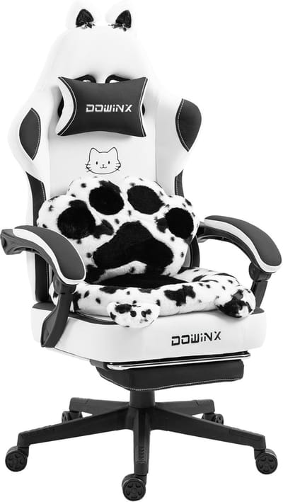 Dowinx Ergonomische Gamingstoel met Voetensteun – Kattenpoot Design – Stoffen Bekleding – Wingless Zitting – Verstelbare Rugleuning – Voor Volwassenen – Zwart/Wit