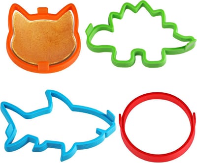 4-delige Siliconen Pannenkoekvormen Set - Ronde, Haai, Kat & Dinosaurus Vormen - Anti-aanbak Ei & Pannenkoekringen