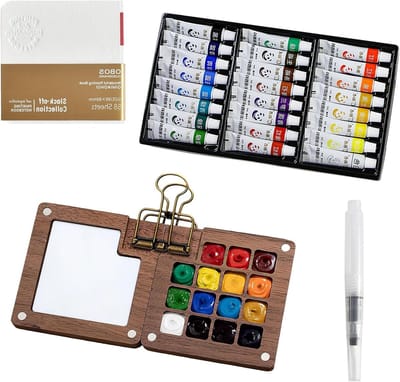 Compacte Mini Waterverfset met 15 Roosters, Houten Verfdoos voor Reizen, Inclusief Waterverfpapier, Notitieboek en Accessoires voor Kunstenaars