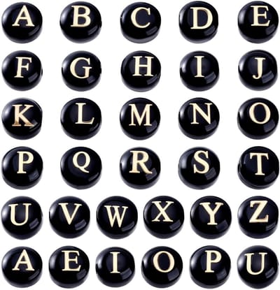 Kralen, 32 stuks, 8 x 5 mm, AZ-parels, zwarte platte ronde knutselkralen met gouden emaille steen, alfabetkralen voor zelfgemaakte oorbellen en armbanden
