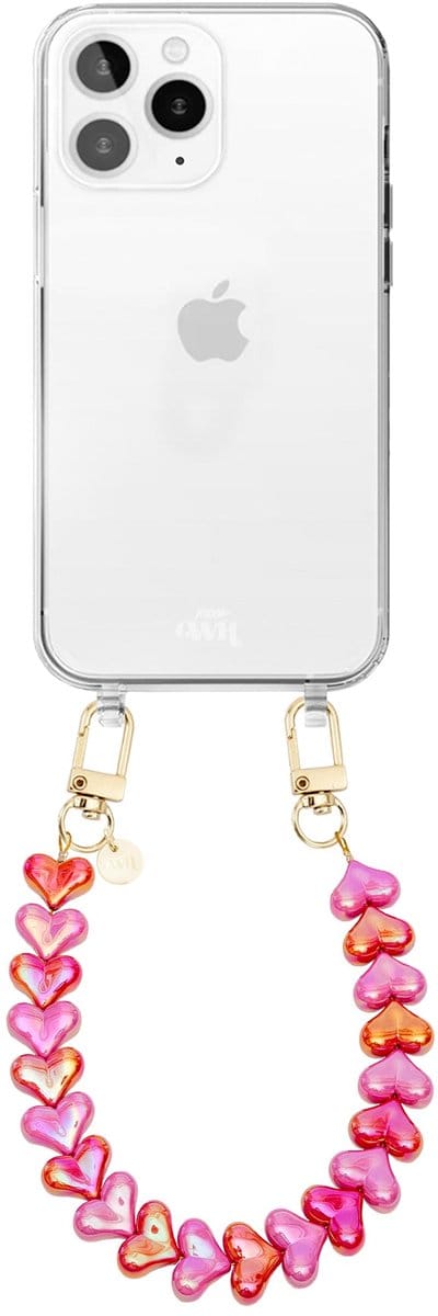 xoxo Wildhearts siliconen hoesje - Geschikt voor iPhone 12 Pro Max hoesje - Funky Hearts (Pink & Red Metallic) - Telefoonhoesje - Hoesje met koord - Roze en Rood koord - kort telefoonkoord - Hartjes ketting - Transparant hoesje