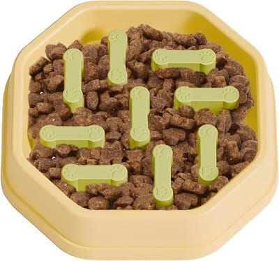 Langzame Voederbak - Anti Verslik Bak - Gezond Eten - Aanpasbare Verdeler - 21 x 21 x 5 cm - Geel