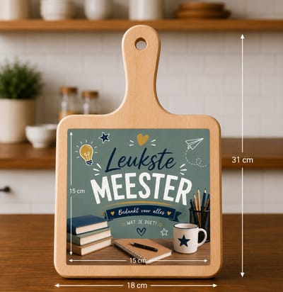 Kaasplank Leukste Meester – Houten Serveerplank met Tegel 15x15 cm – Bedankje voor Meester – Plank 18x31 cm