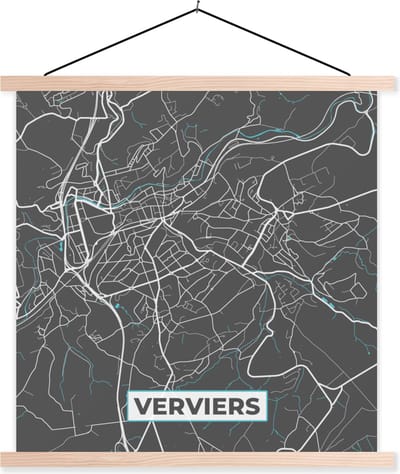 Posterhanger incl. Poster 40x40 cm - Schoolplaat - België – Verviers – Stadskaart – Kaart – Blauw – Plattegrond - Textielposter - Blanke latten - Stadskaart