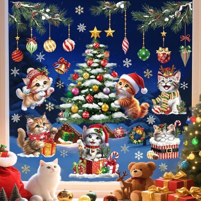 EGoods - 3D Raamstickers Kerstmis Katten | Kerstboom Sneeuwvlok Raamafbeeldingen | Anti-botsing Dubbelzijdige Glassticker Kerstdecoratie