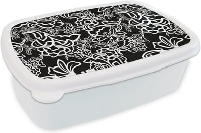 Broodtrommel Wit - Lunchbox - Brooddoos - Patronen - Bloem - Zwart Wit - 18x12x6 cm - Volwassenen