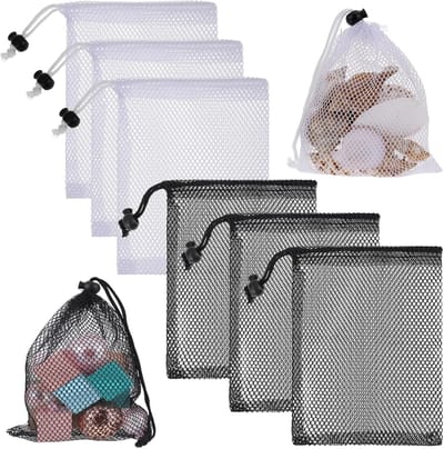 Famanu – Set van 6 mesh trekkoordtassen 20 x 15 cm, draagbare opbergzakken voor speelgoed en accessoires