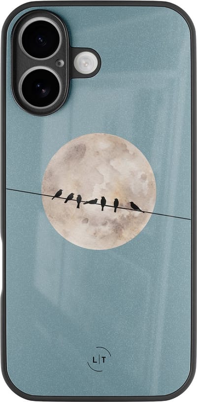 Hoesje geschikt voor iPhone 17 - Moon birds - Luxe Glazen Hardcase - Hippe print - Blauw - Leuke Telefoonhoesjes