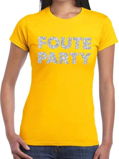 Foute Party verkleed t-shirt - zilveren glitter tekst - geel - voor dames - Party kleding XS
