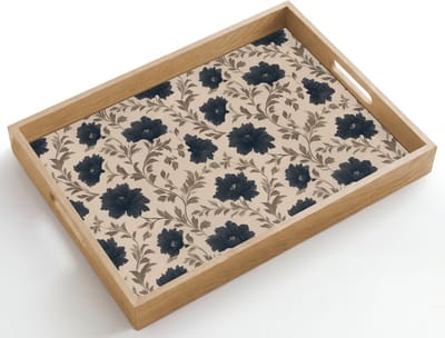 Dienblad hout 50x35 cm - Schootdienblad - Motief - Bloemen - Zwart - Beige - Borrelplank rechthoek - Plateau dienbladen