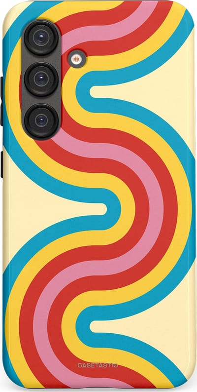 Casetastic hoesje geschikt voor Samsung Galaxy S25 - Dubbellaagse bescherming - Retro kronkels - Fashion Case - Crème Lichtblauw Goud Rood