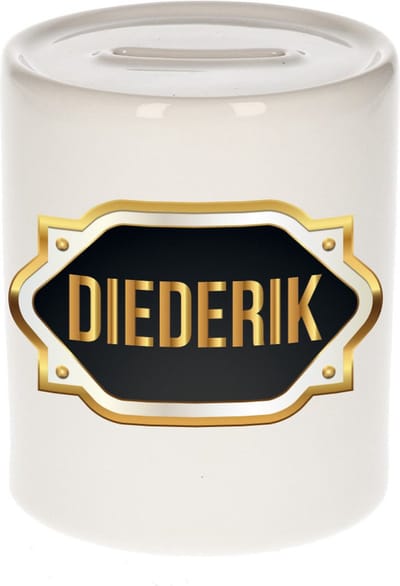 Spaarpot met voornaam Diederik - wit - met goud/zwart embleem - 8 x 9 cm - keramiek - met afsluitdop - cadeau verjaardag