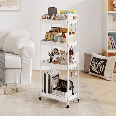 Dailygoods- Opbergwagen met 4 niveaus - Trolley - Metaal - Eenvoudig te monteren - Wit - Veiligheidswaarschuwing