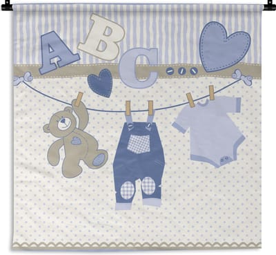 Wandkleed - Wanddoek - Baby kleren - Waslijn - Teddybeer - Patroon - 90x90 cm - Wandtapijt