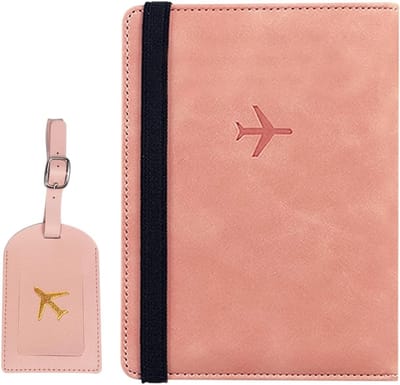 Paspoorthoes en Bagagelabel Set met RFID Blokkering, ID Labels, PU Leer voor Paspoorten en Creditcards, Roze Reisaccessoires