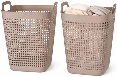 Storage Solutions Wasmand - 2x - beige - 48 liter - 40 x 51 cm - kunststof - wasbox - mand voor wasgoed - badkamer