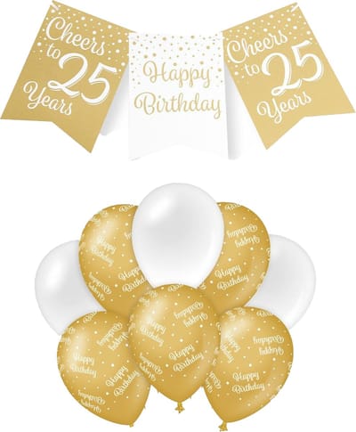 Paperdreams Luxe 25 jaar/Happy Birthday feestversiering set - Ballonnen & vlaggenlijnen - wit/goud
