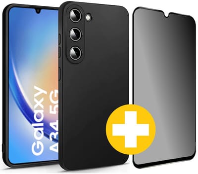 Hoesje en Privacy Screenprotector Combi Geschikt Voor Samsung A34 - Zwart Hoesje + Privacy Glas