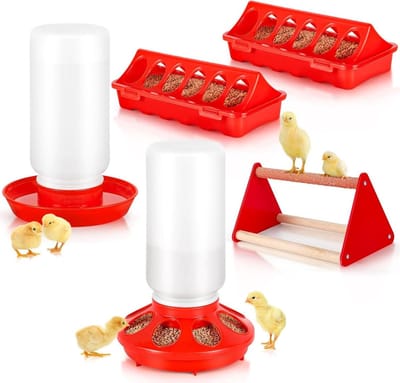 Cosensi - Voederautomaat en drinkbakken set voor kippen - 5 stuks - 1 kg - Met kippenzitstang - Geschikt voor klein gevogelte zoals kippen, ganzendons, kwartels, duiven