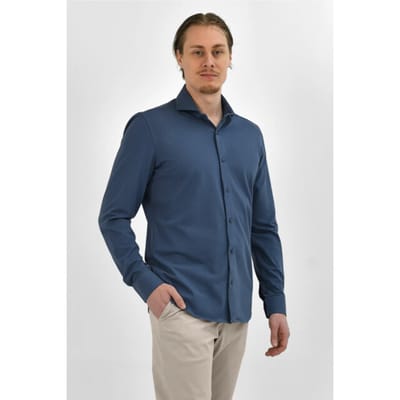Vercate - Strijkvrij Overhemd - Japanese Knitted - Piqué Katoen - Blauw - Slim Fit - Lange Mouw - Heren - Maat 37/S