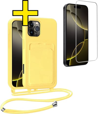 Hoesje Geschikt voor iPhone 16 Pro Telefoonhoesje Met Koord Case Pashouder Met Screenprotector Siliconen - Hoes Geschikt voor iPhone 16 Pro Hoesje Met Kaarthouder - Geel