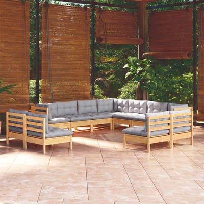 vidaXL - 11-delige - Loungeset - met - grijze - kussens - massief - grenenhout