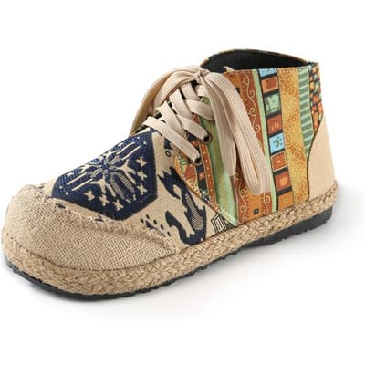Chaussures Brodées pour Femmes Boho Coton Lin Toile Simple National Tissé Bout Rond Lacets Chaussures en Tissu Femme Ballerines Taille 35 -40 6 bleu