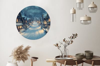 WallCircle - Wandcirkel - Muurcirkel - Kerstdorp - Kerst - Sneeuw - Winter - Aluminium - Dibond - 90x90 cm - Binnen en Buiten