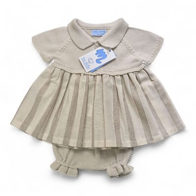 Mac Ilusion Baby jurkje met schattig gebreid pofbroekje | 9761 | Natural + zand| 3 maand | maat 62 |gebreid bovenstuk | gestreepte stof rokje