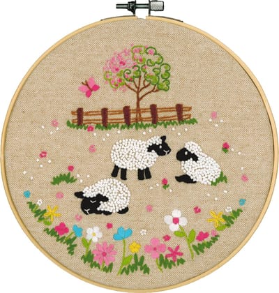 Vervaco - Borduur kit met borduurring Schaapjes in de wei - PN-0237492 - Borduren - Borduurpakket - Borduurpakket volwassenen - Borduurpakket kind