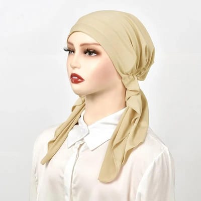Nieuwe Dames Voorknoop Hoed Moslim Binnen Hijab Hoofddoek Lange Staart Haaruitval Chemo Kap Bonnet Turban Bandana's Hoofdband Turbante Mujer beige