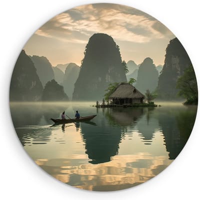 Saammp Muurcirkel Hout - Huisje op het water - Landschap - Natuur - Ø 90 - Wandcirkel - Wanddecoratie Cirkel - Muurdecoratie Woonkamer - Slaapkamer decoratie - Rond Schilderij