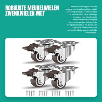 Dailygoods- Meubelwielen Robuust met Remmen - Zwenkwielen Set van 4 - Zwenkwielen met Schroefdraad - Rubber Trolleywielen - 360 Graden Draaibaar