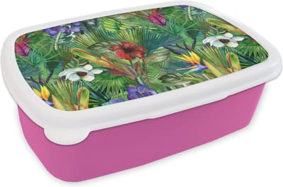 Broodtrommel Roze - Lunchbox - Brooddoos - Regenboog - Flora - Jungle - Patronen - 18x12x6 cm - Kinderen - Meisje