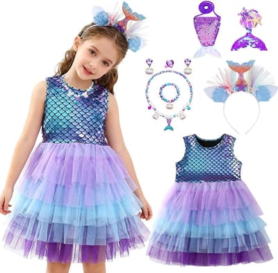 Meisjes Zeemeermin Kostuum - Verkleedset Prinses - Feestje Spelen - 8 Delige Set - 32x22x4 cm - Paars Blauw
