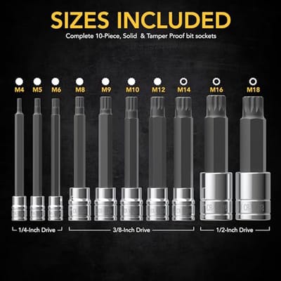 Triple Square Spline Bit Socket Set - Extra Lange 10-Inch | 10-delige Europese Maten M4 - M18 | Premium S2 Staal met Opbergkoffer