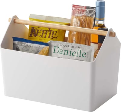 Opbergdoos - Opbergkist Bak - Huishouden Organiseren - Met Houten Handvat - 37 x 21 x 24 cm - Wit