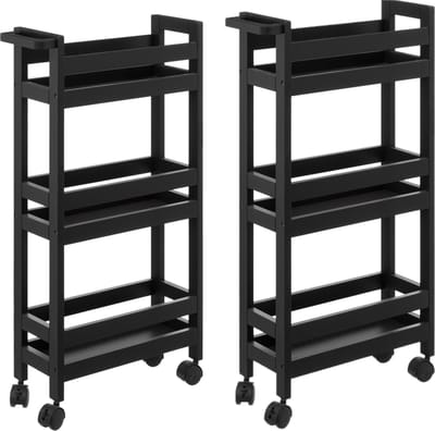 5five keuken of badkamer trolley - 2x - 3-laags - zwart - d15 x b40 x h75 cm - verrijdbaar - mdf hout - met wielen