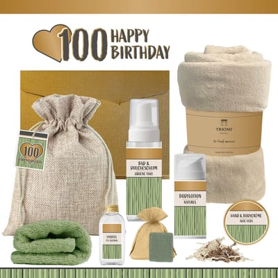 Geschenkset “100 Happy Birthday” - 8 producten - 1140 gram - Triomf Cosmetica | Luxe wellness Cadeaubox voor haar Giftset Verjaardag Honderd jaar Cadeau Pakket Gefeliciteerd Verjaardagscadeau Vrouw Party Hundred Years Hartje Goud Groen Beige