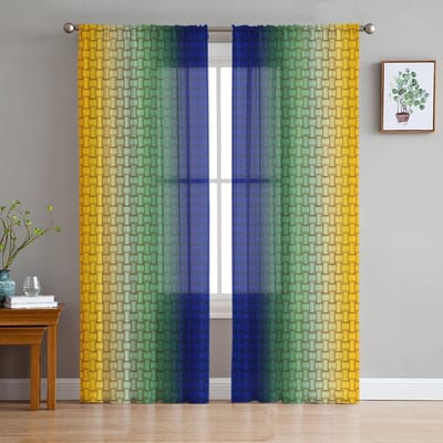 Geleidelijke Lijnen Van Kleine Vierkanten Raamgordijnen Voor Woonkamer Slaapkamer Keuken Chiffon Transparant Raambekleding 135W x 114H(cm)
