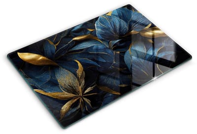 Wallfluent Spatscherm Keuken - Blauw Fornuis Achterwand Glas - 80x52 cm - Decoratieve Bladeren Met Goud Spatscherm Glas - Bloemen en planten Rechthoekig Spatscherm Keuken
