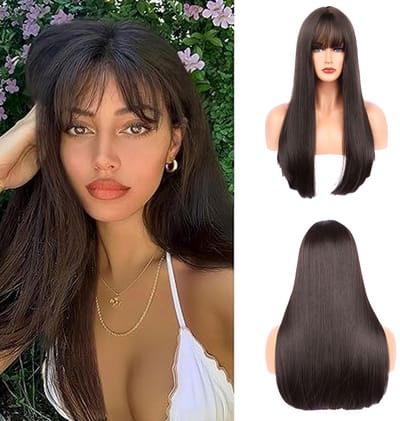 Dailygoods- Pruik Lange Bruine Steil - Natuurlijke Synthetische Pruik - Met Pony - 71 cm Lang - Ademend Binnennet - Verstelbare Bandjes - Haarstuk