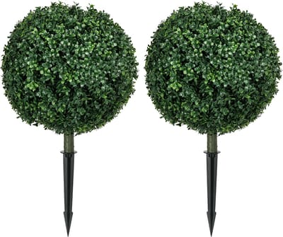 Set van 2 Kunstbuxusbomen 70 cm, UV-Bestendige Buitenplant, Incl. Grondpennen voor Terras of Balkon, Onderhoudsvrije Kunstplant voor Binnen en Buiten