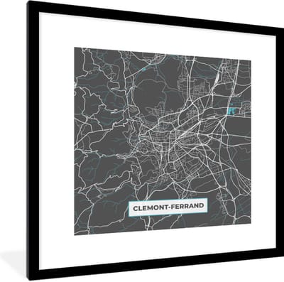 Fotolijst incl. Poster - Clemont-Ferrand - Kaart - Stadskaart - Plattegrond - Frankrijk - 40x40 cm - Posterlijst