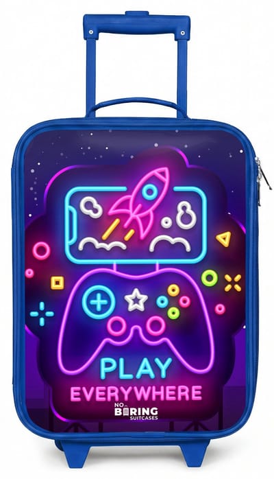 NoBoringSuitcases.com® - Kinderkoffer blauw - Kindertrolley jongen - Neonbord met controller - Koffer kind lichtgewicht - Reiskoffer trolley voor kinderen - Koffertje met lichtgevende wieltjes - Rolkoffer