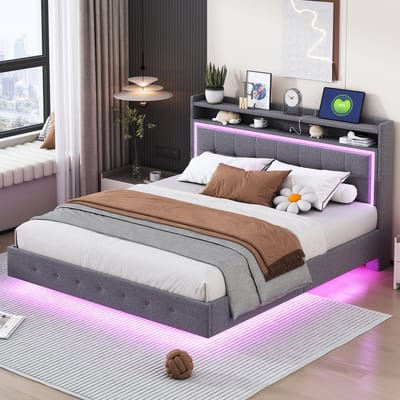 Sweiko Tweepersoonsbed - 160×200 cm - USB-aansluiting - LED-verlichting - Zwevend bed - Linnen - Grijs