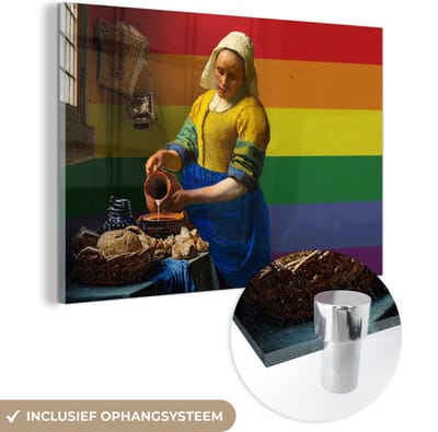 MuchoWow® Glasschilderij 60x40 cm - Schilderij acrylglas - Melkmeisje - Vermeer - Pride - Foto op glas - Schilderijen
